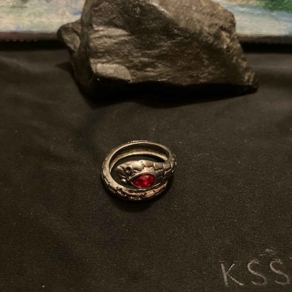 Silver Snake Ring with Red Gemstone